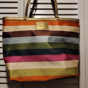 Coach Legacy Handbag Multicolor Striped Sateen Purse w/ Leather Handle